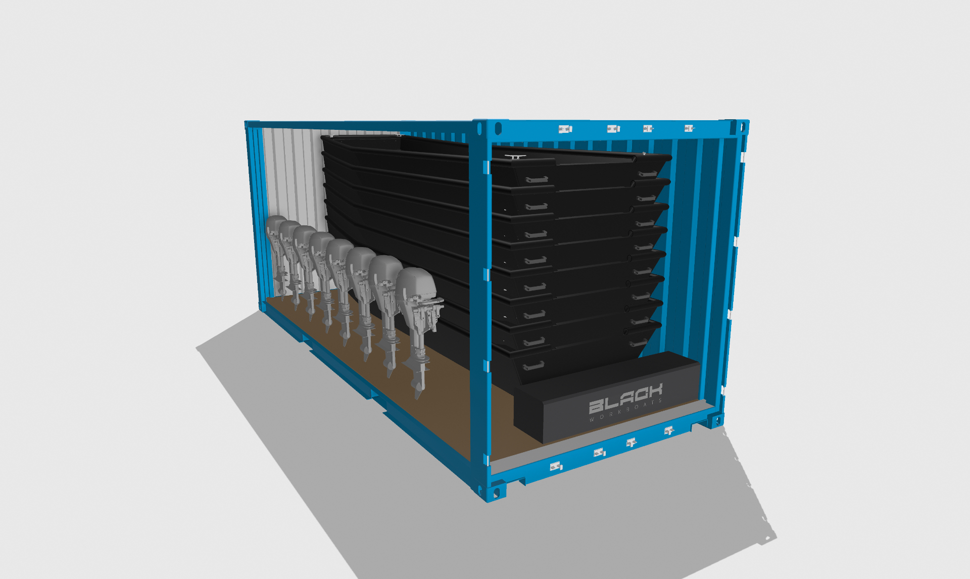 BJ 500 SAR boats stacked in a 20ft container